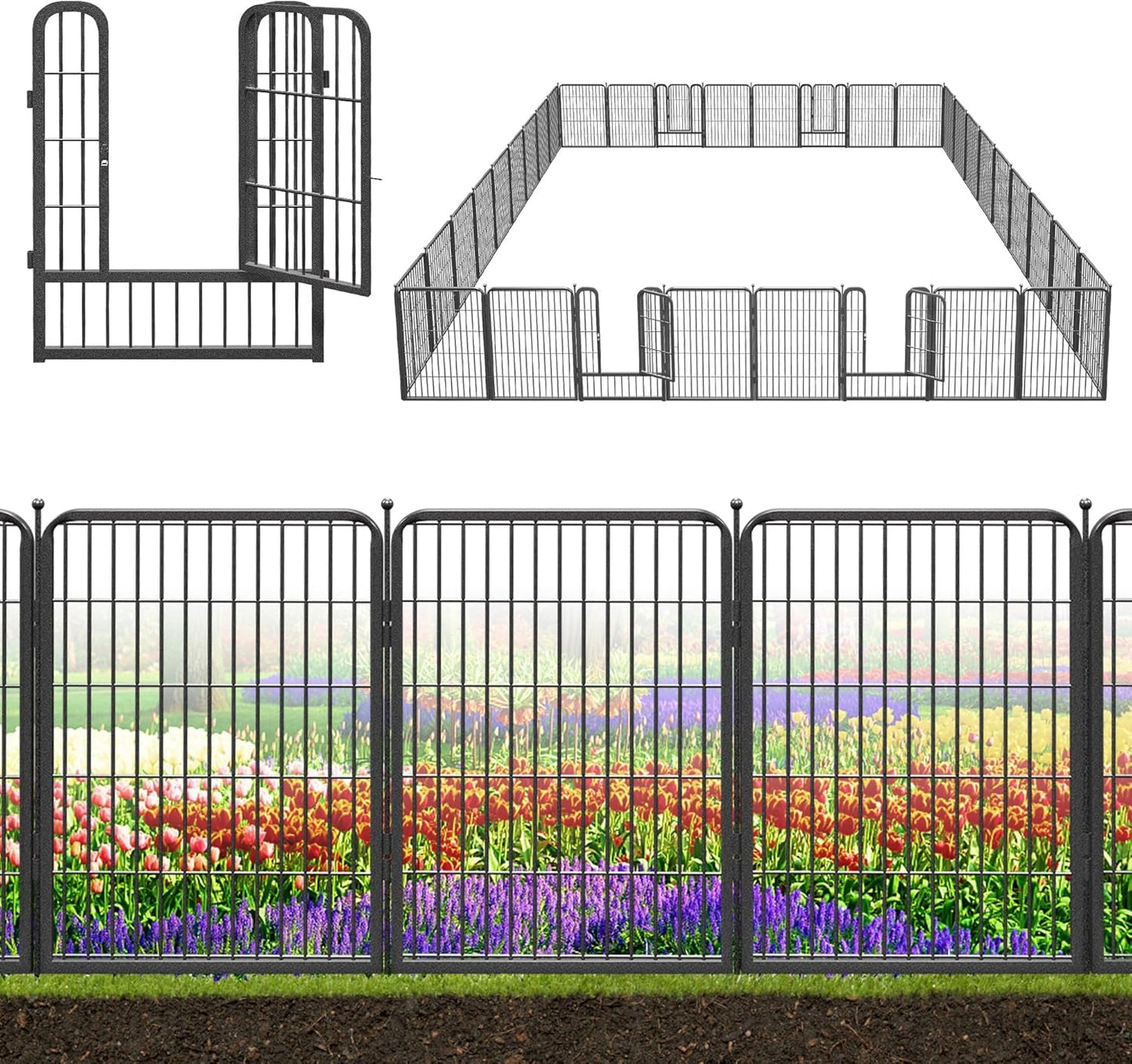 Decorative Black Metal Fencing Garden Fence with Gate, 82ft(L) 32in(H) 36 Fence Panels No Dig Fence