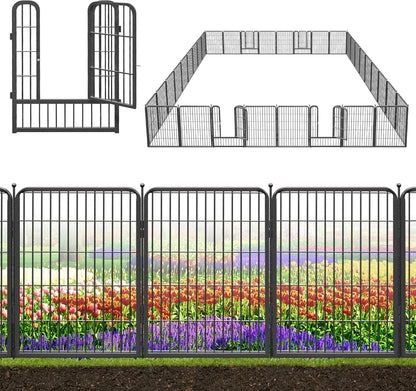 Decorative Black Metal Fencing Garden Fence with Gate, 82ft(L) 32in(H) 36 Fence Panels No Dig Fence