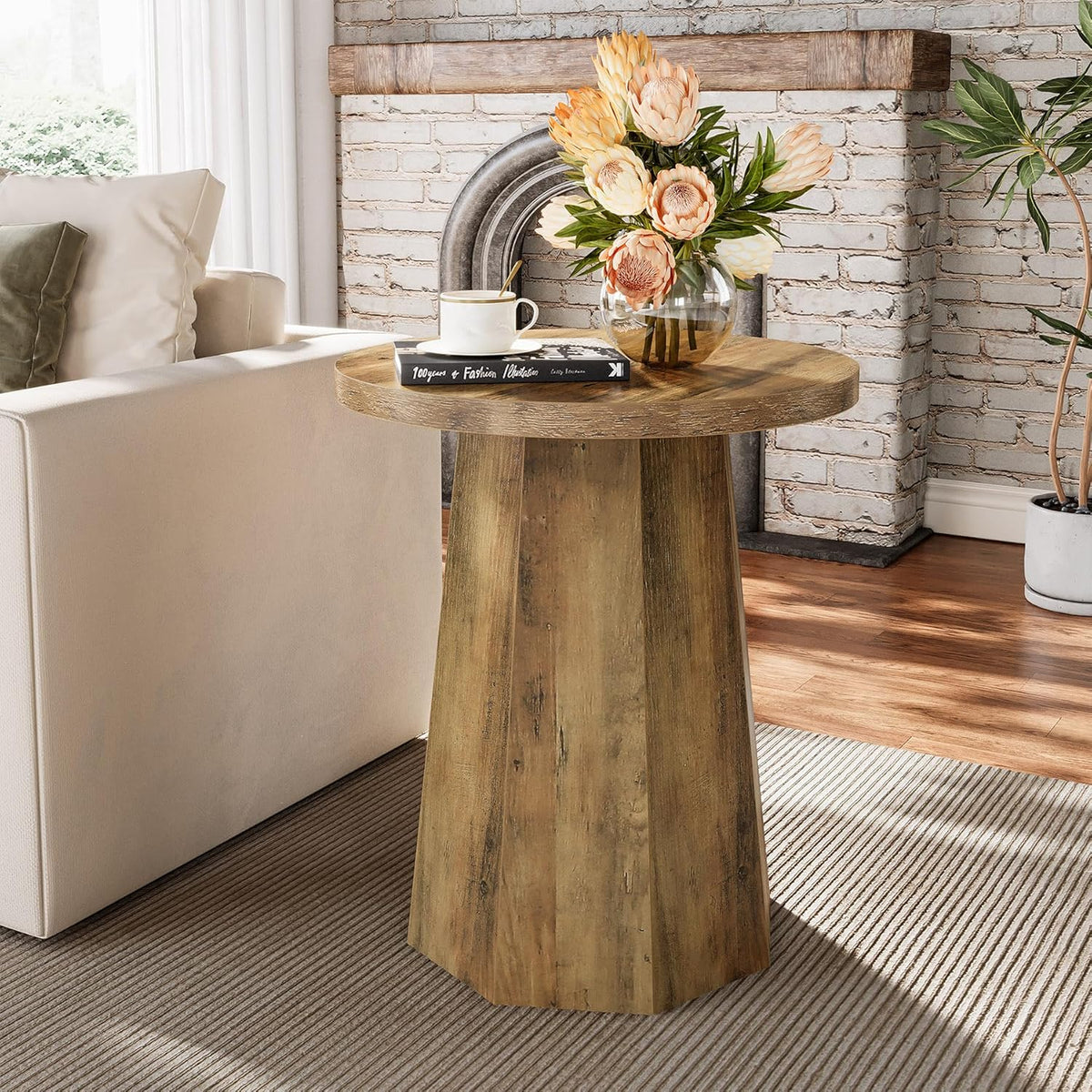 Tribesigns Round Pedestal End Table, Farmhouse Couch Side Table with Octagonal Base, Nightstand