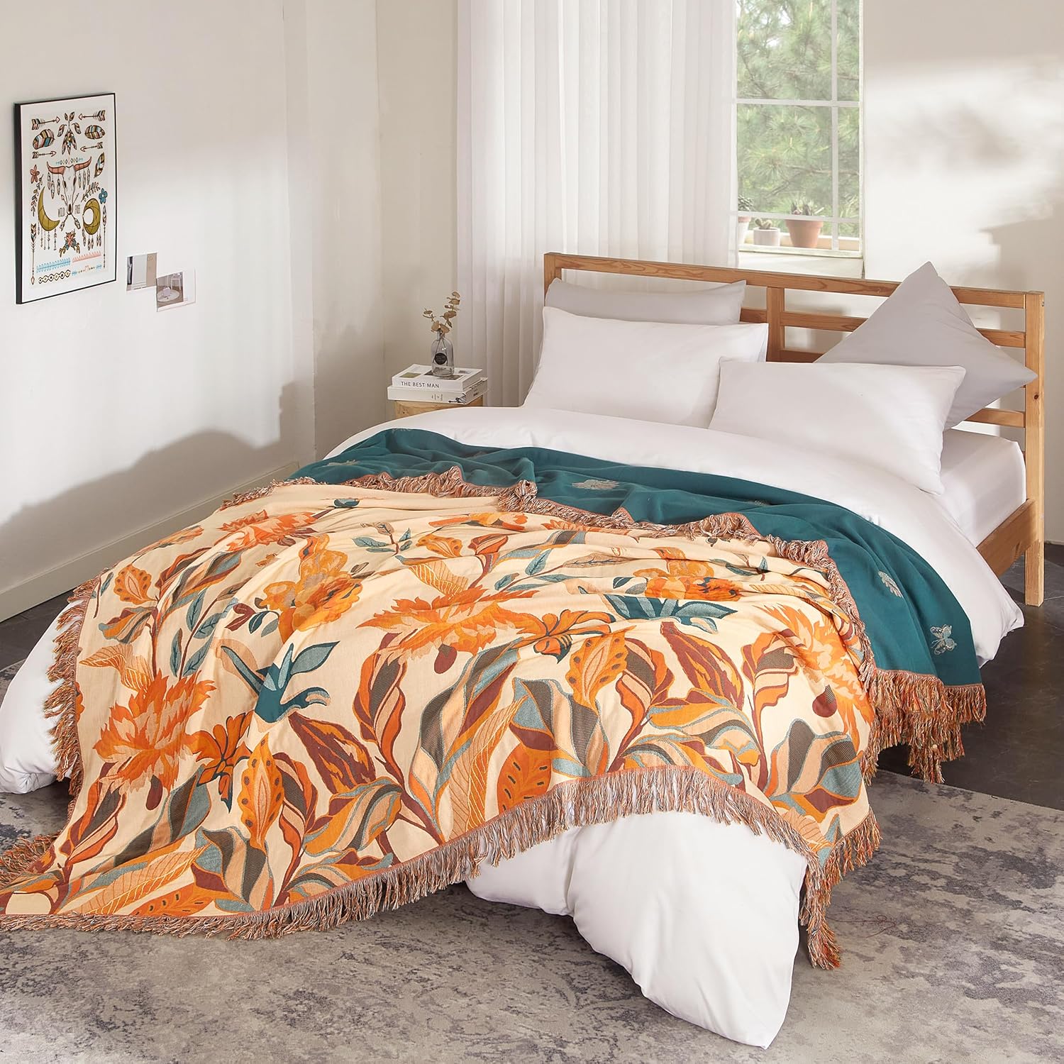 Boho Throw Blanket for Bed 90”x98”, 100% Cotton Woven Blanket for Couch Sofa, Ultra Soft 4-Layer