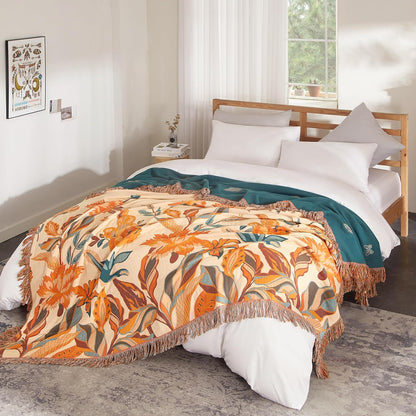 Boho Throw Blanket for Bed 90”x98”, 100% Cotton Woven Blanket for Couch Sofa, Ultra Soft 4-Layer