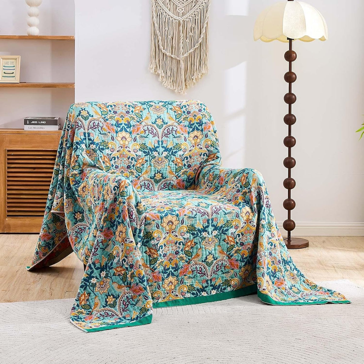 Boho Blanket Throw Quilt, 100% Cotton Soft Light Weight Throw Blankets for Summer, 60"x80"