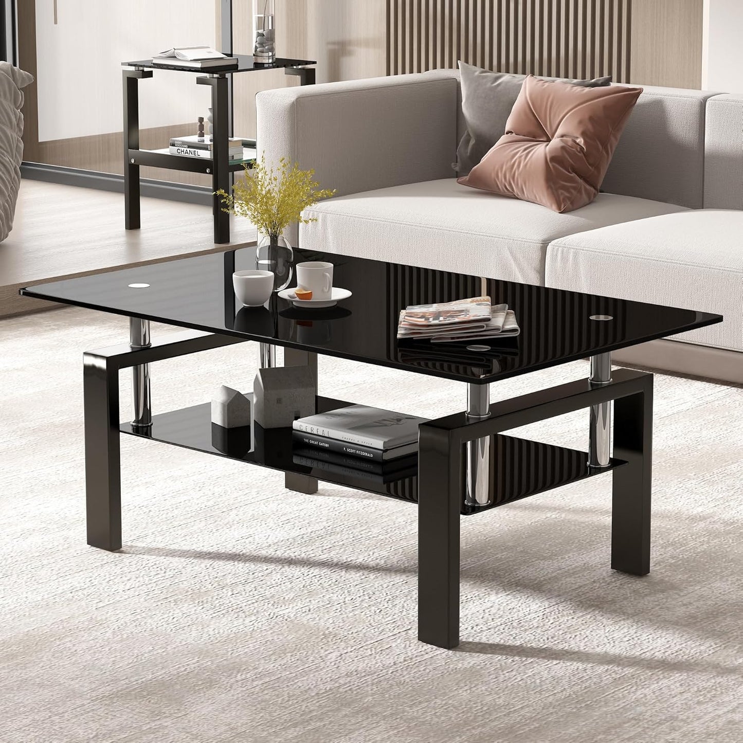 Black Glass Coffee Table for Living Room, Mordern Rectangle Tempered Glass Sofa Center Tables with