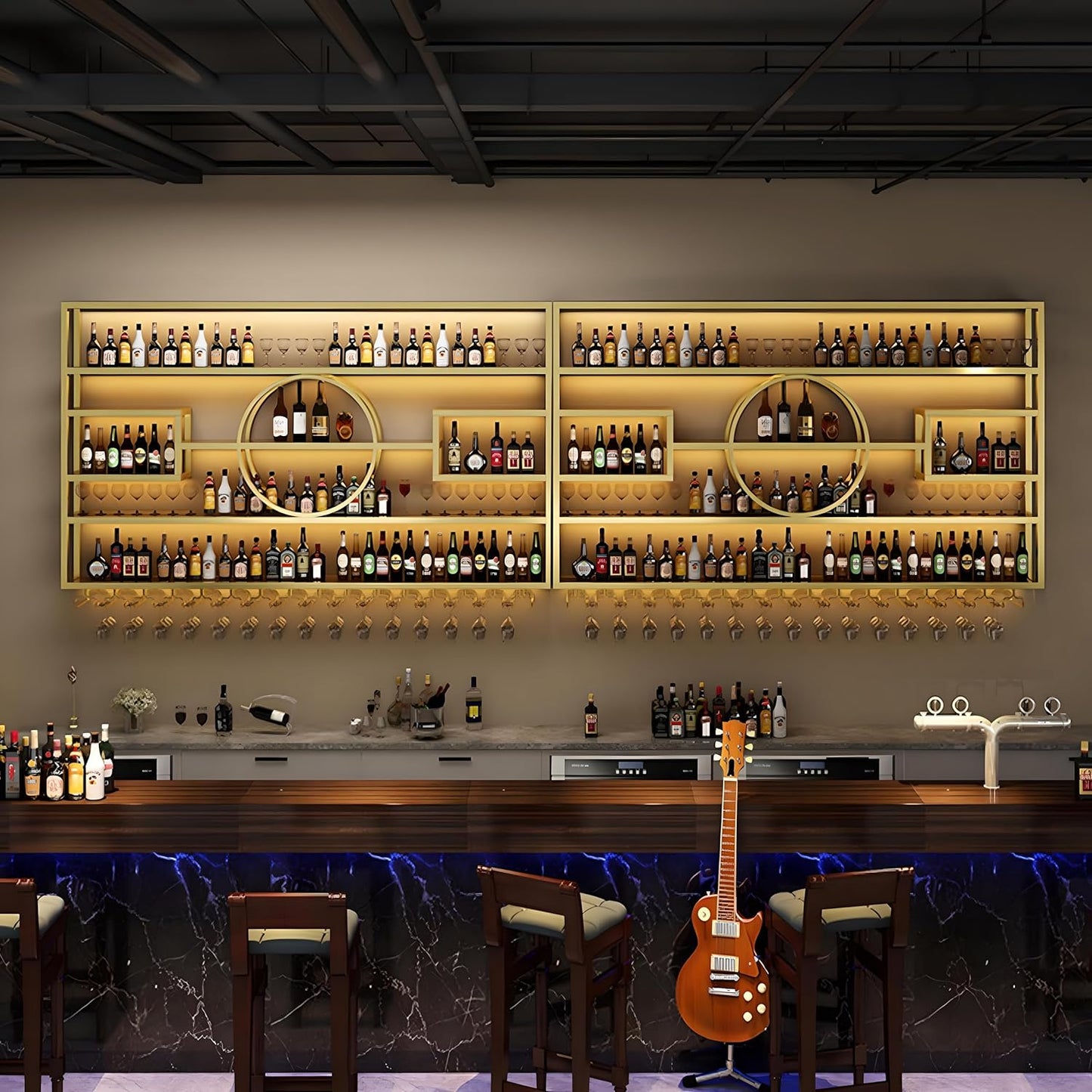 47.2in Wall Mounted Wine Rack, Modern Metal Wine Bottle and Glass Holder, Iron Display Stand