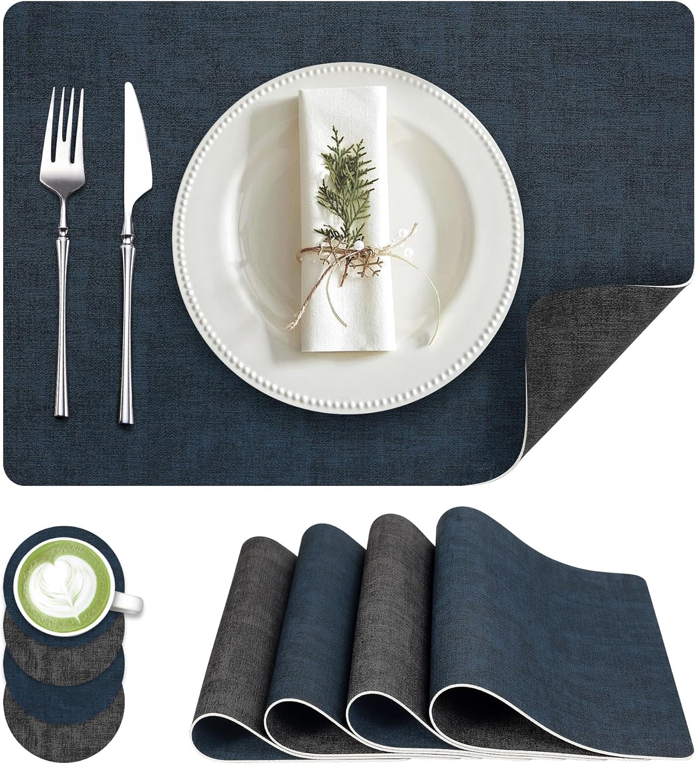 Faux Leather Dual Sided Placemats Set of 4, Square Non-Slip Heat Resistant Placemats with Coaster