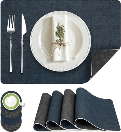 Faux Leather Dual Sided Placemats Set of 4, Square Non-Slip Heat Resistant Placemats with Coaster
