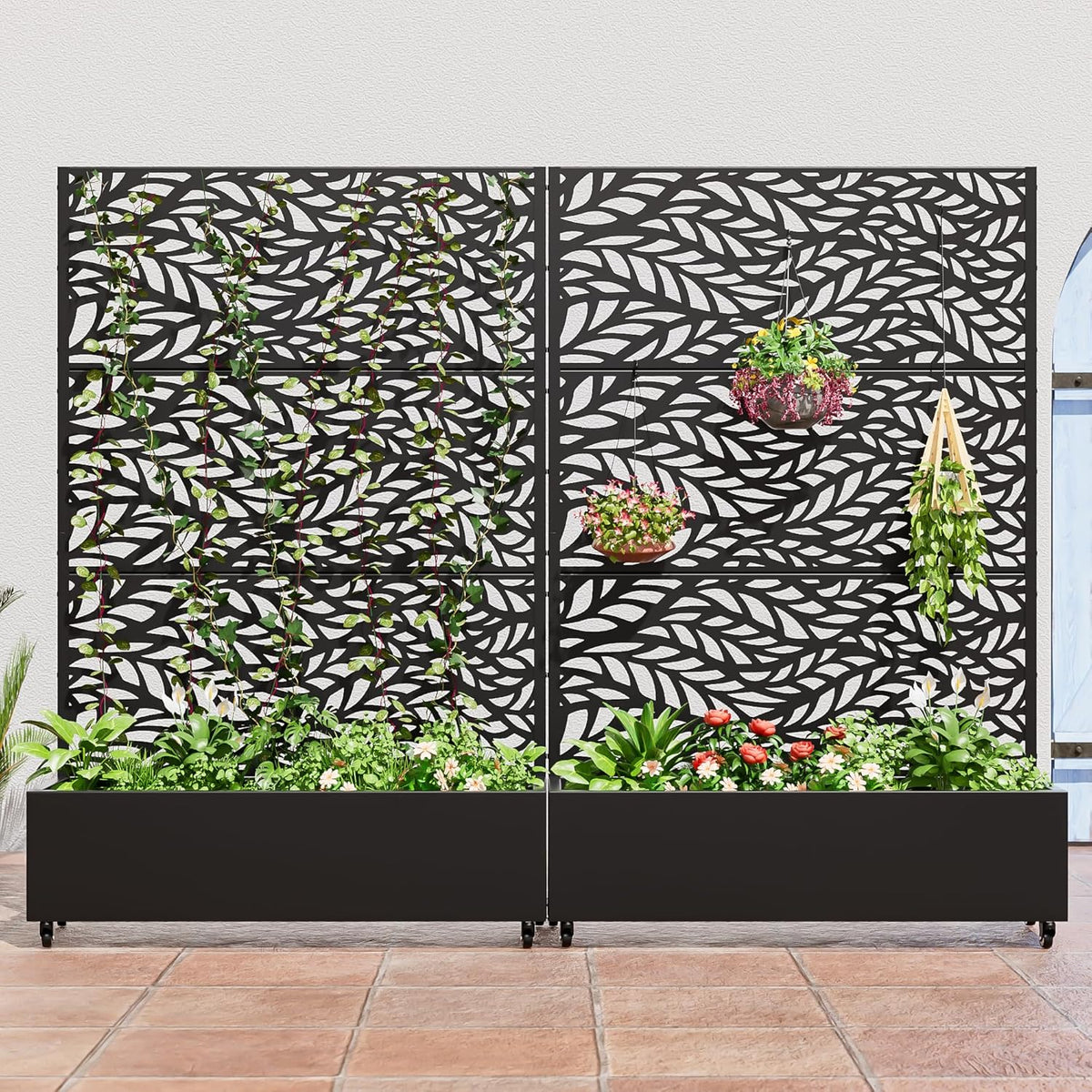 Casaphoria Metal Raised Garden Bed with Trellis and Wheels, 72"x47"x16" Planter Box for Climbing