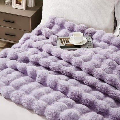 DREAMNINE Large Soft Thick Fuzzy Bubble Faux Rabbit Fur Blanket Queen Size 80" x 90", Double Side