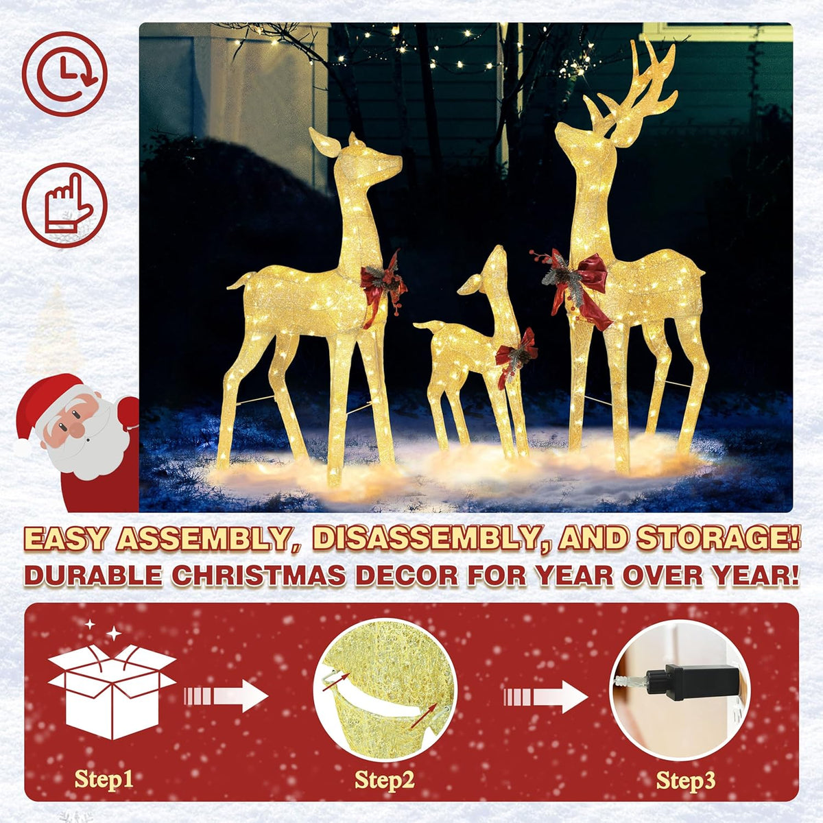 4.5FT Lighted Reindeer Family Set for Christmas Decoration, 3 Pieces Pre-Lit Iridescent Deer with