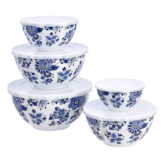 Amazon Basics Nesting Melamine Mixing Round Bowl with Lid and Non-Slip Base, 5 Sizes, Blue and
