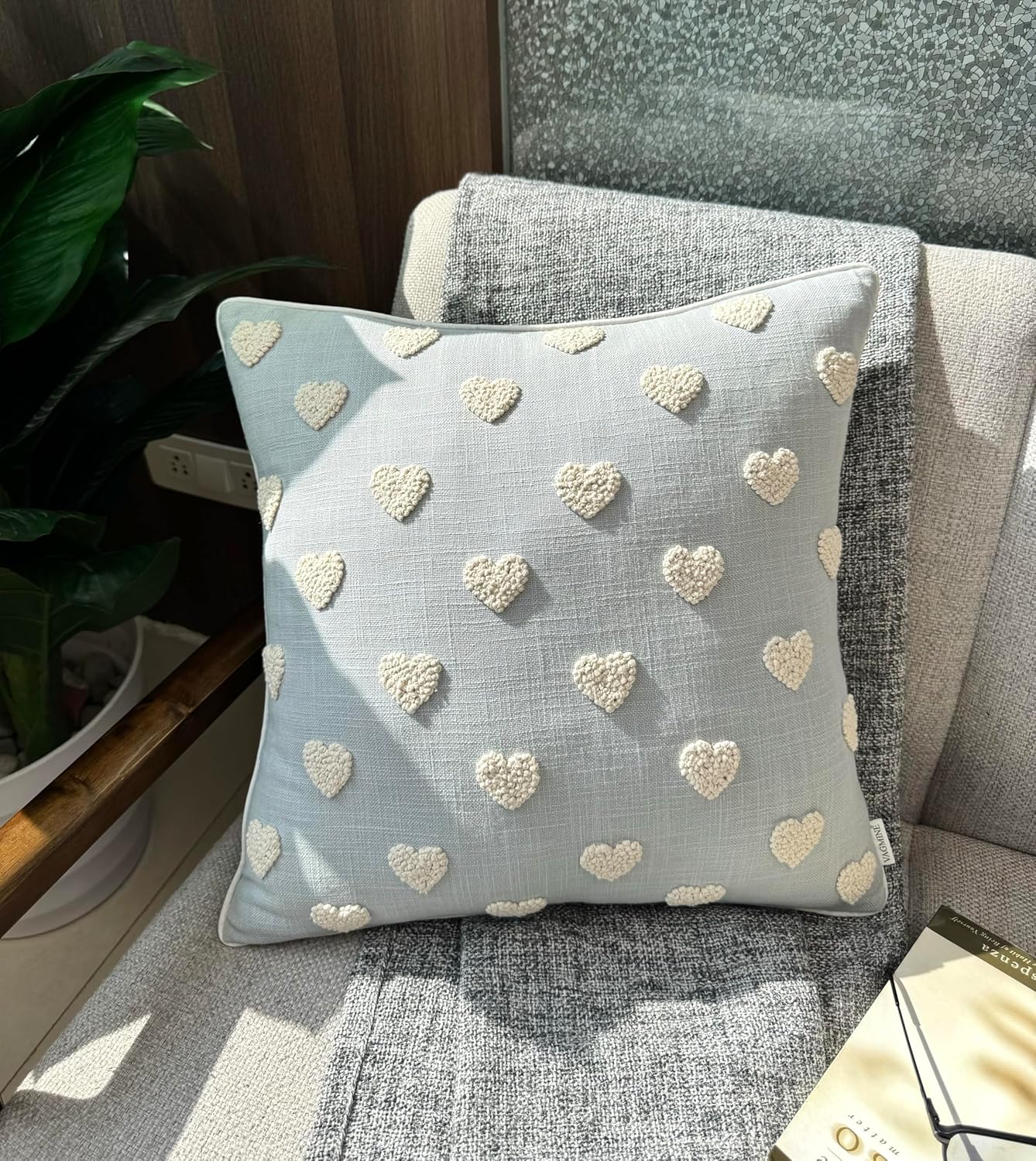 VAGMINE Hand Embroidered French Knotted Hearts Pillow Cover - 18x18 Inches Square - 100% Cotton