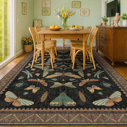 Black Washable Insect Area Rugs 8x10 - Bug, Dragonfly, Bee, Moth, Butterfly Print Rugs for Living