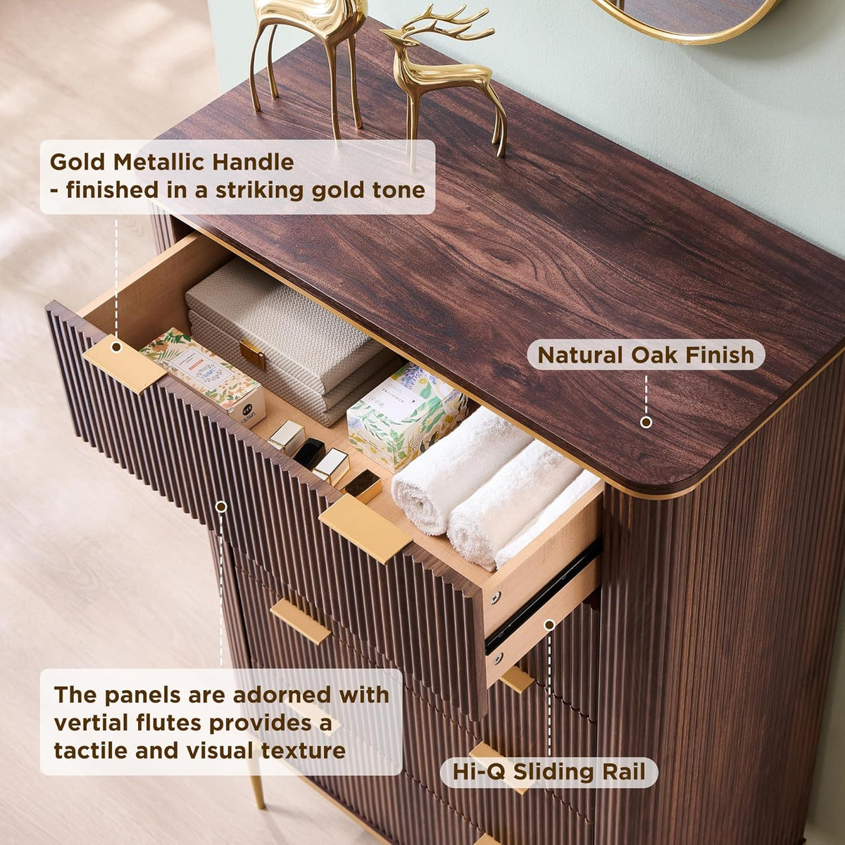 T4TREAM Fluted 5 Drawers Dresser for Bedroom, 48" Tall Modern Dresser Chest of Drawers, Gold