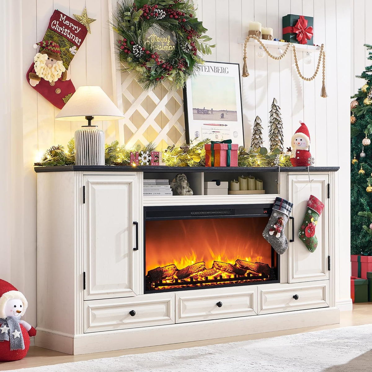 Fireplace TV Stand for 80 Inch TV, 35.7" Tall Farmhouse Entertainment Center W/36'' Electric