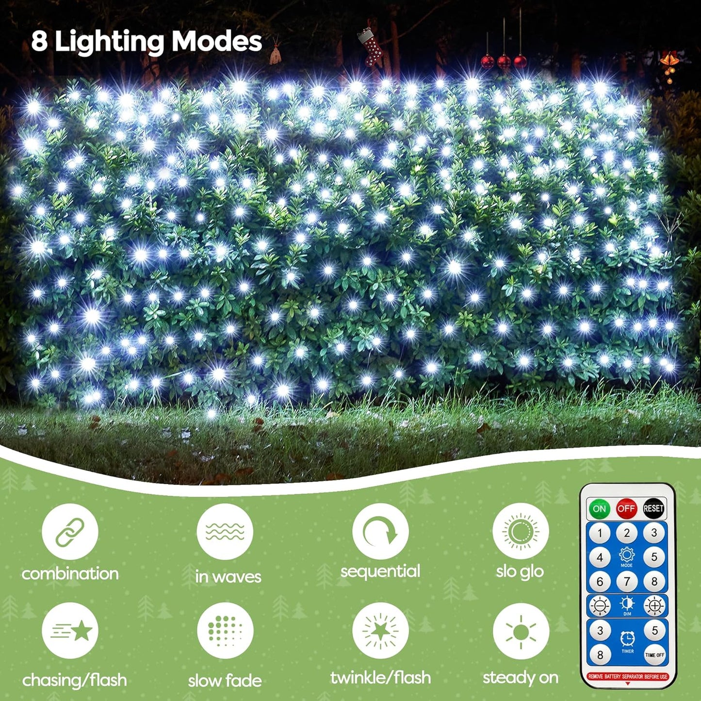 WBao Solar Christmas Lights Outdoor 360LED 11.5ft x 6.9ft Christmas Bushes Lights with Remote, 8