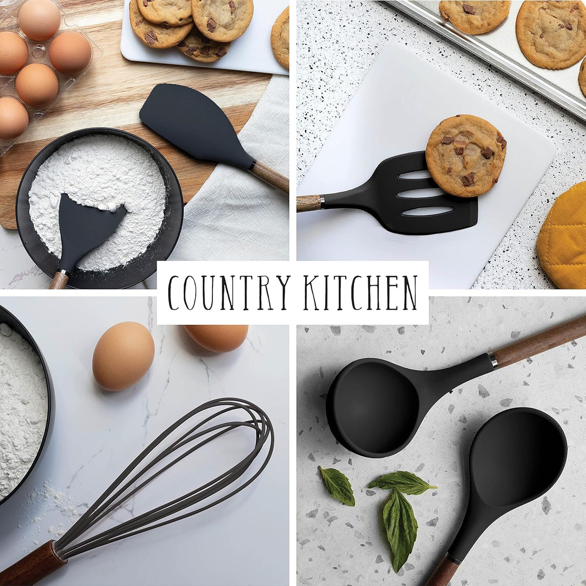 Country Kitchen Non Stick Silicone Utensil Set with Rounded Wood Handles for Cooking and Baking, 8