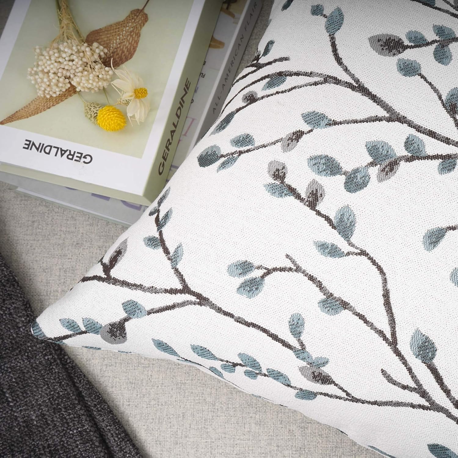 YOUR SMILE Classical Embroidery Jacquard Teal Leaf Pattern Square Decorative Throw Pillow Case