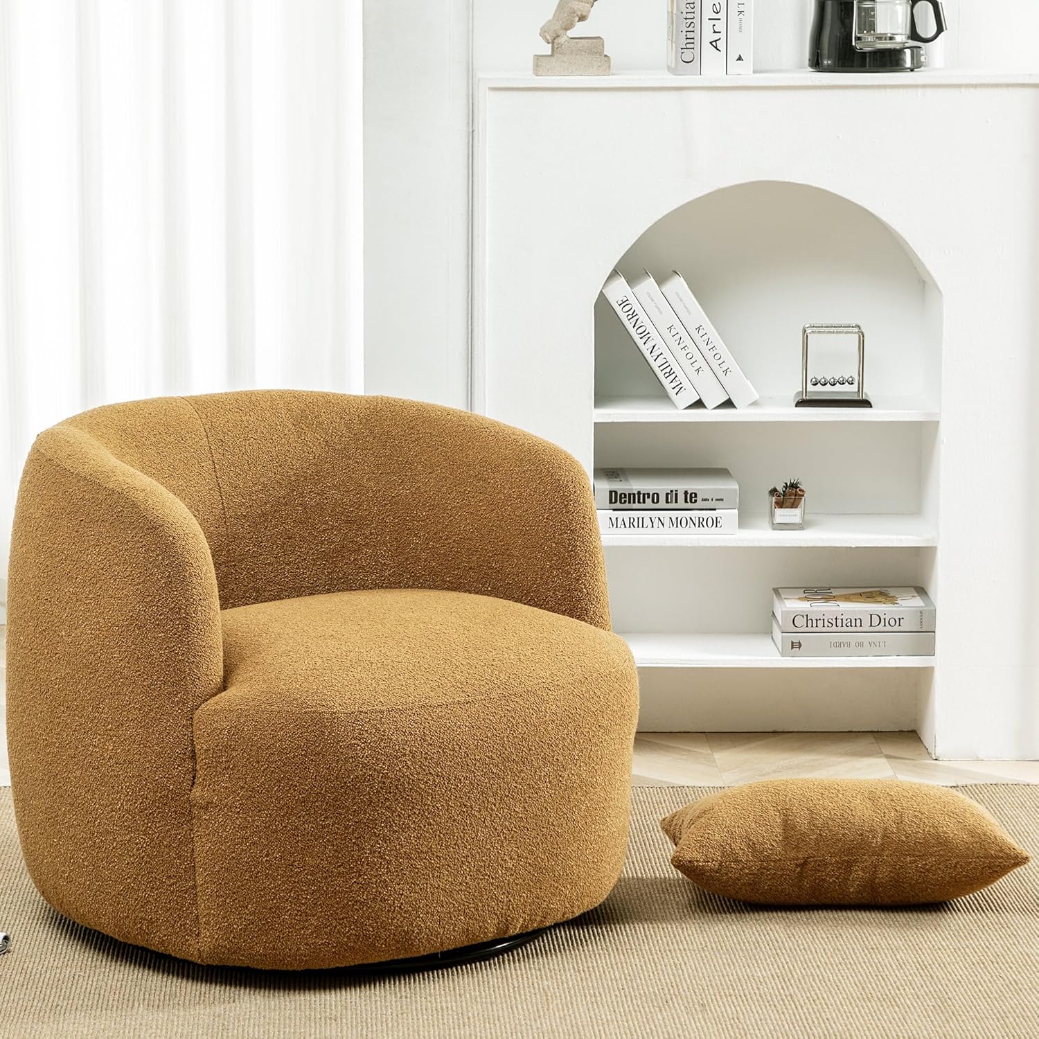 KINWELL 34" Wide Boucle Swivel Barrel Chairs Set of 2, No Assembly Round Upholstered Armchairs