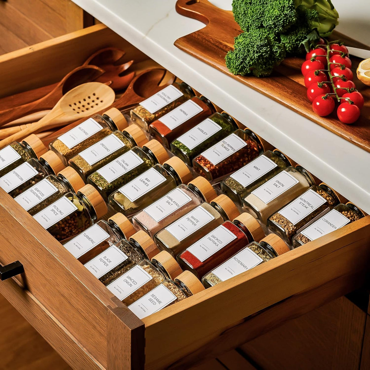 Set of 24 Glass Spice Jars with Various Labels, Bamboo Shaker Lids & Funnel, Kitchen Storage Jars