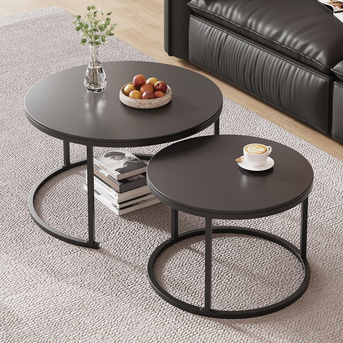 Round Nesting Coffee Table, Black Modern Decorative Coffee Center Table Set of 2,Round Sintered