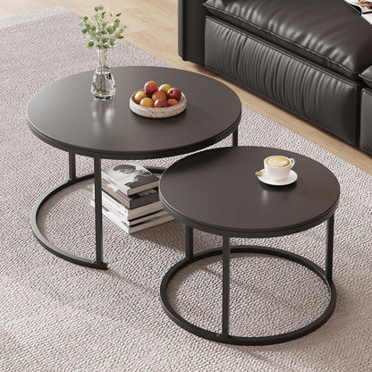 Round Nesting Coffee Table, Black Modern Decorative Coffee Center Table Set of 2,Round Sintered