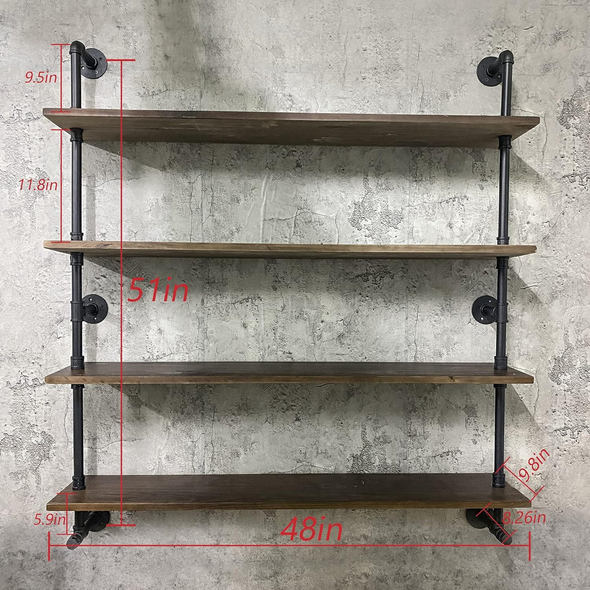 Industrial Pipe Wall Shelves With Real Wood Plank, 48 Inches Floating Shelves for Wall, 4 Tier