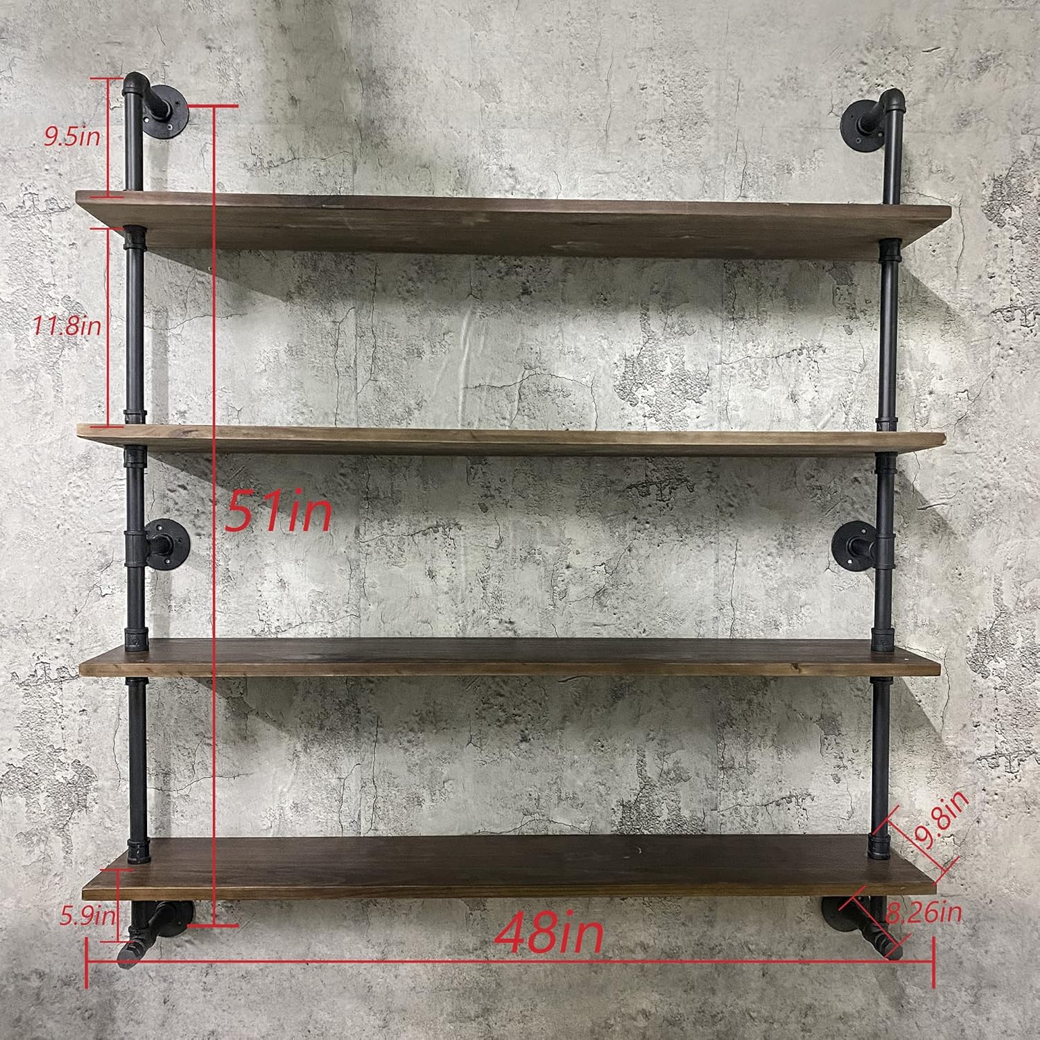 Industrial Pipe Wall Shelves With Real Wood Plank, 48 Inches Floating Shelves for Wall, 4 Tier