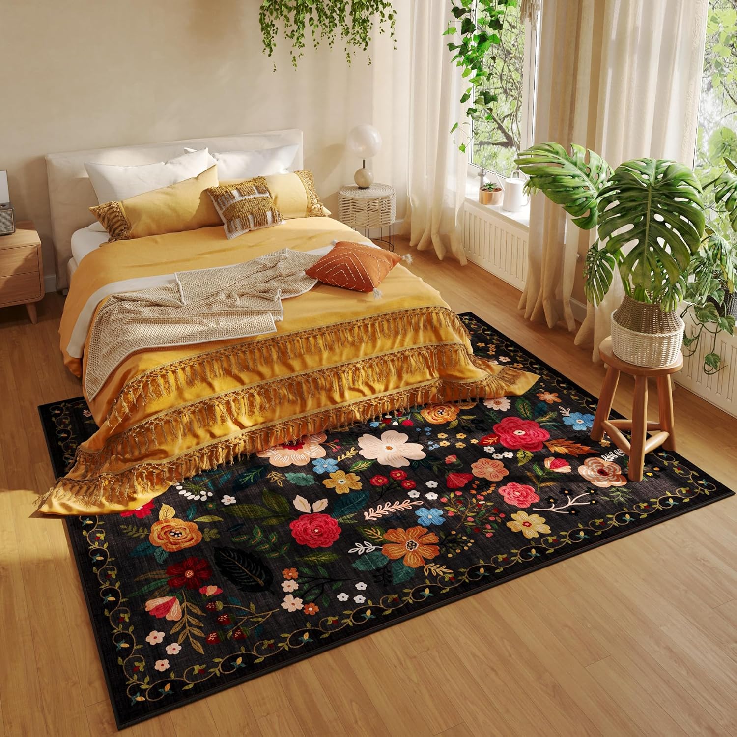 Living Room Rug 5x7 Rug Machine Washable Boho Area Rug Non Slip Floral Vintage Low Pile Large Rugs