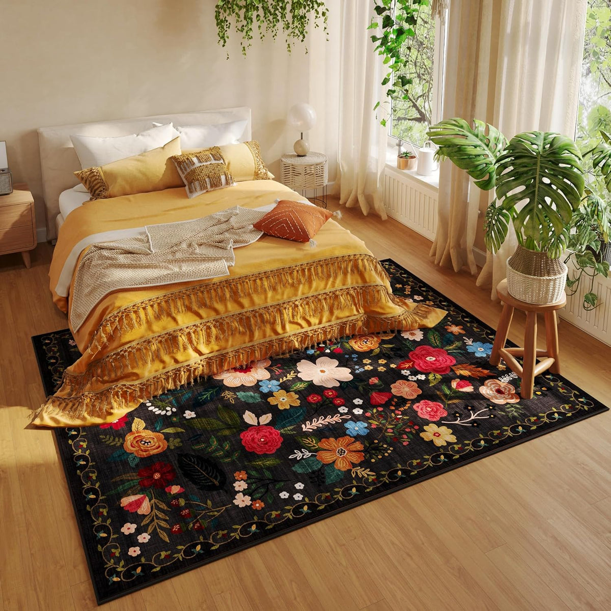 Area Rugs 9x12 Living Room Clearance Washable Boho Rug Non Slip Floral Vintage Low Pile Large Rug