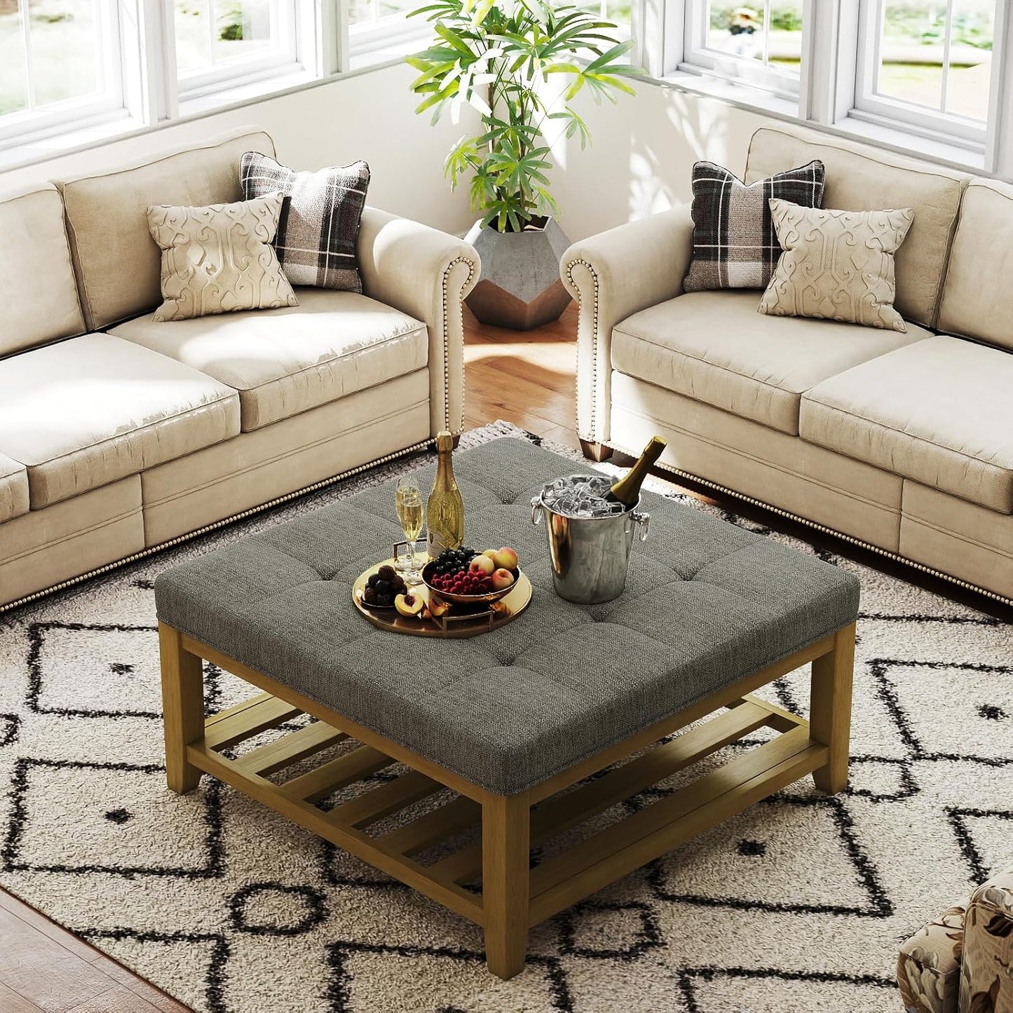 Large Square Ottoman Coffee Table, Linen Solid Upholstered Footrest Ottoman with Solid Wood Shelf