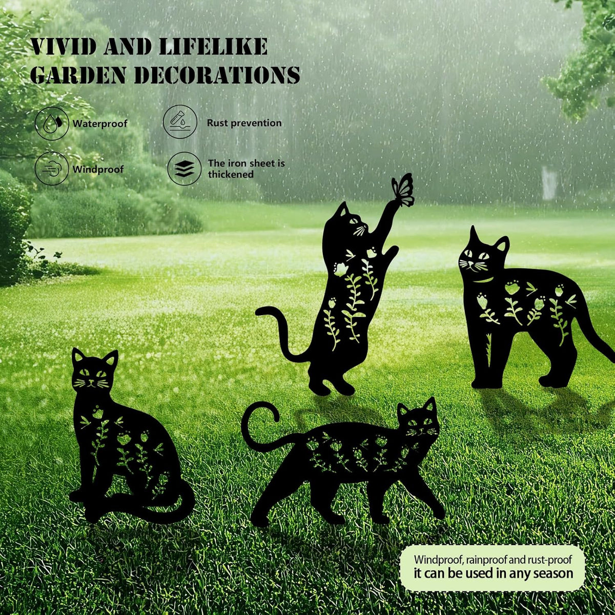 4 Pack Cat Metal Garden Decorative Stakes, Weather Proof Silhouette Statues for Yard, Patio,Outdoor