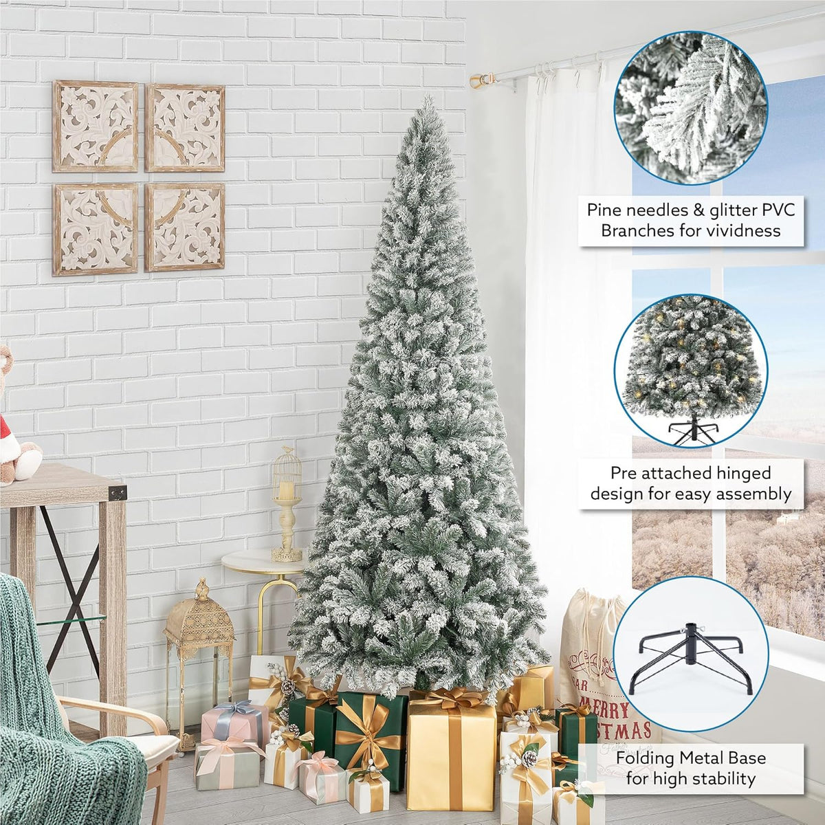 Naomi Home Salzburg 6.5ft Frosted Prelit Slim Artificial Christmas Tree with 864 Branch Tips, 250