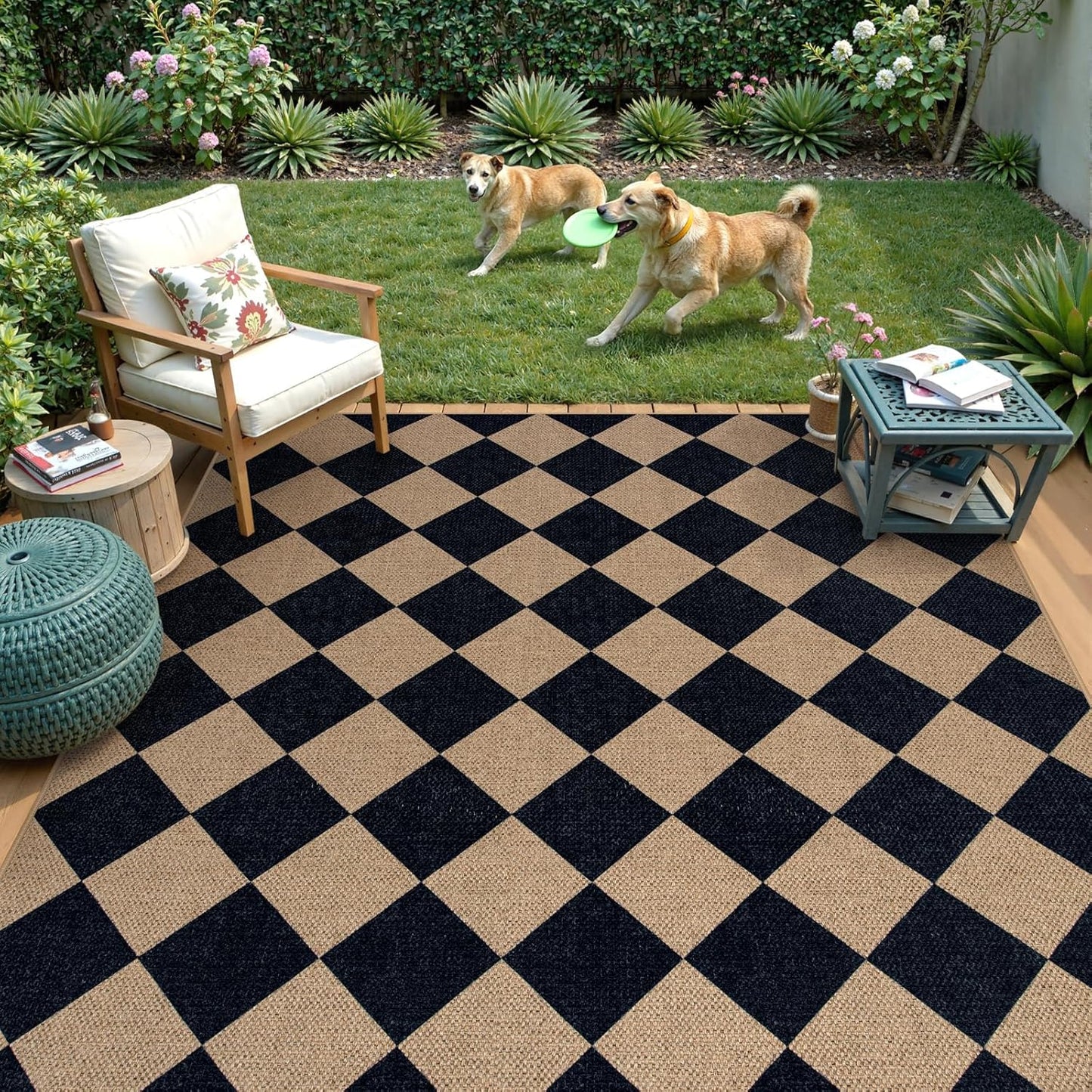 Lahome Checkered Easy Jute Outdoor Rug, 5x7 Area Rugs for Living Room Nature Large Dining Room