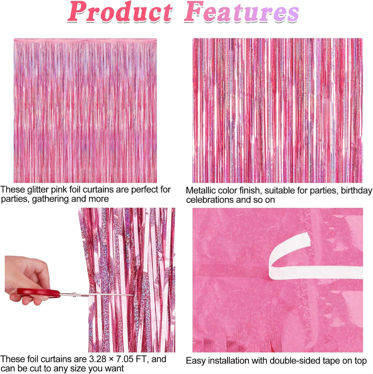 4 Pack Pink Backdrop, 3.28 FT x7.05 FT Foil Fringe Curtains, Metallic Glitter Pink Streamer Fringe