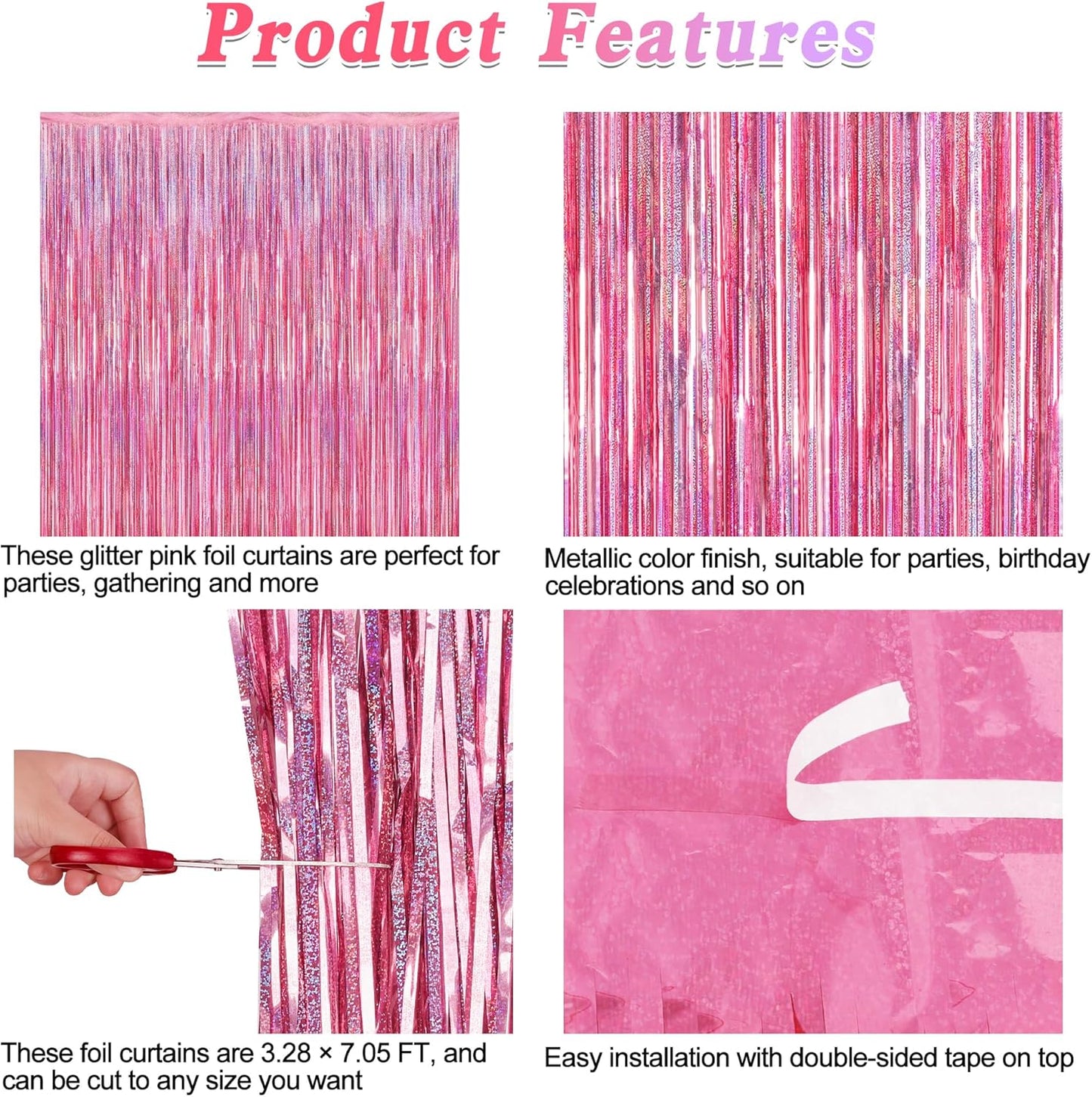 12 Pack Pink Backdrop, 3.28 FT x 7.05 FT Foil Streamers, Metallic Glitter Backdrop Pink Tinsel