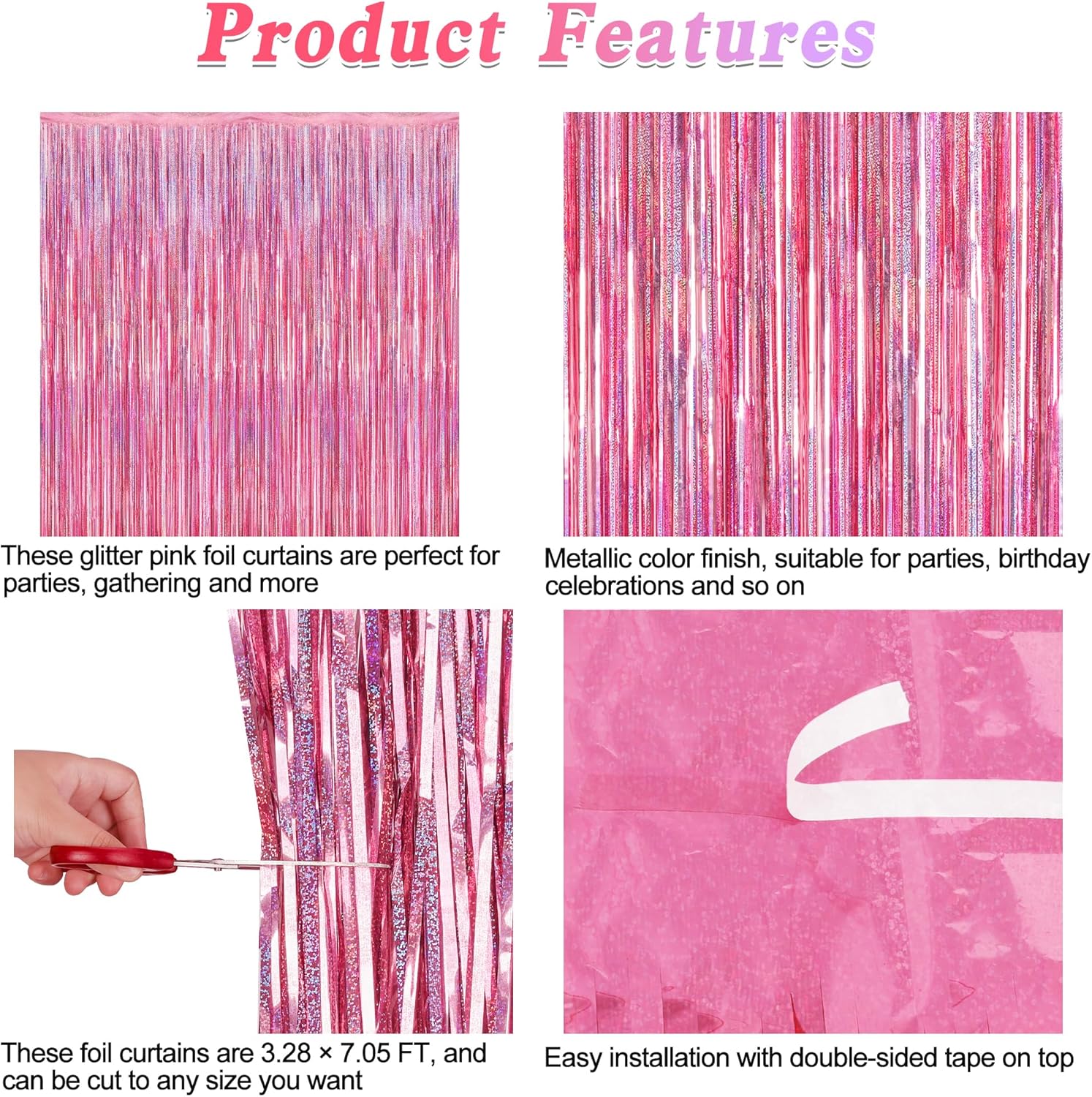2 Pack Glitter Pink Backdrop, 3.28 FT x 7.05 FT Birthday Party Decorations, Laser Pink Fringe