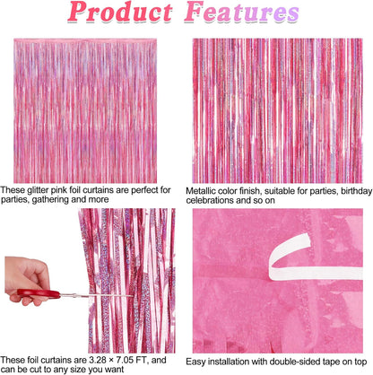 2 Pack Glitter Pink Backdrop, 3.28 FT x 7.05 FT Birthday Party Decorations, Laser Pink Fringe