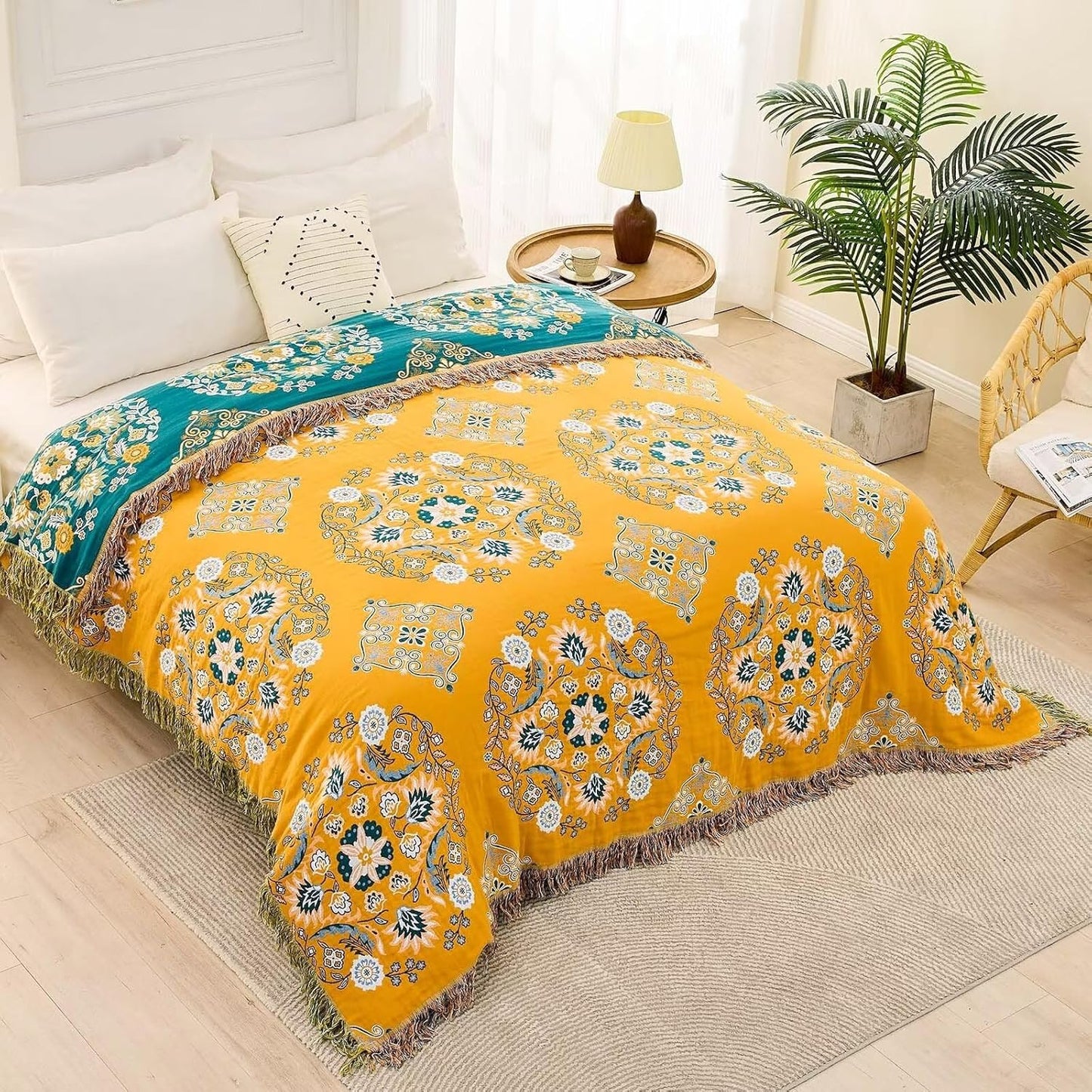 Boho Throw Blanket, 100% Cotton Ultra Soft Luxury Throw Rustic Quilt, Floral Printed Farmhouse
