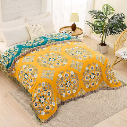 Boho Throw Blanket, 100% Cotton Ultra Soft Luxury Throw Rustic Quilt, Floral Printed Farmhouse