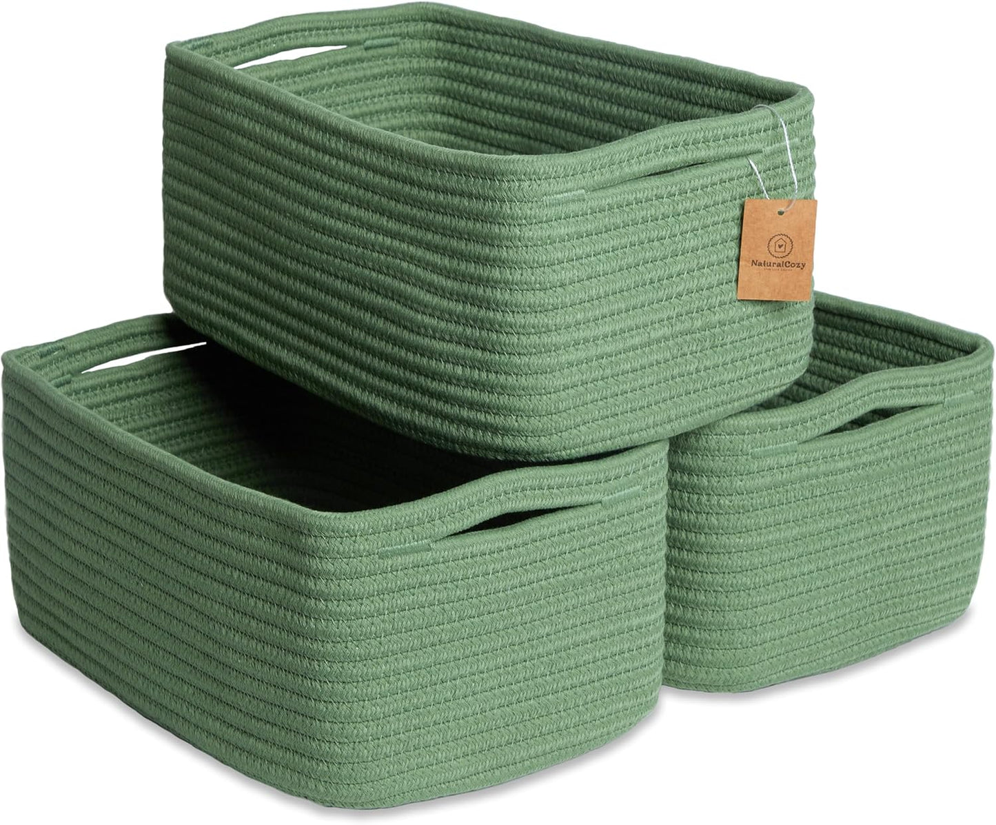 NaturalCozy 13.5”x8.5”x5.5” Rectangle Storage Baskets for Shelves 3 Pack | Cotton Rope Woven Small