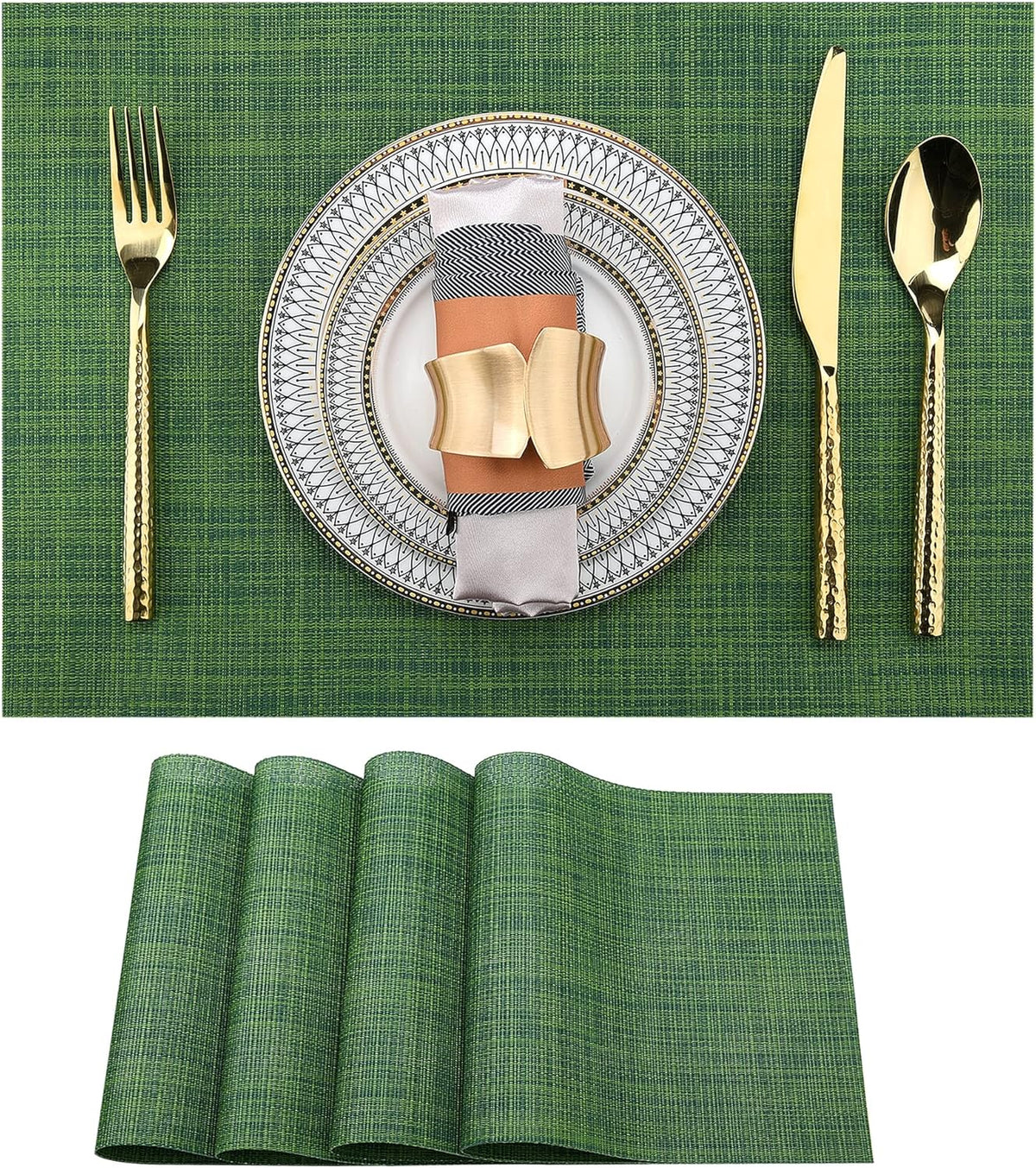 Green Christmas Placemats Set of 4 - Wipe Clean Vinyl Placemats - Washable Heat Resistant PVC