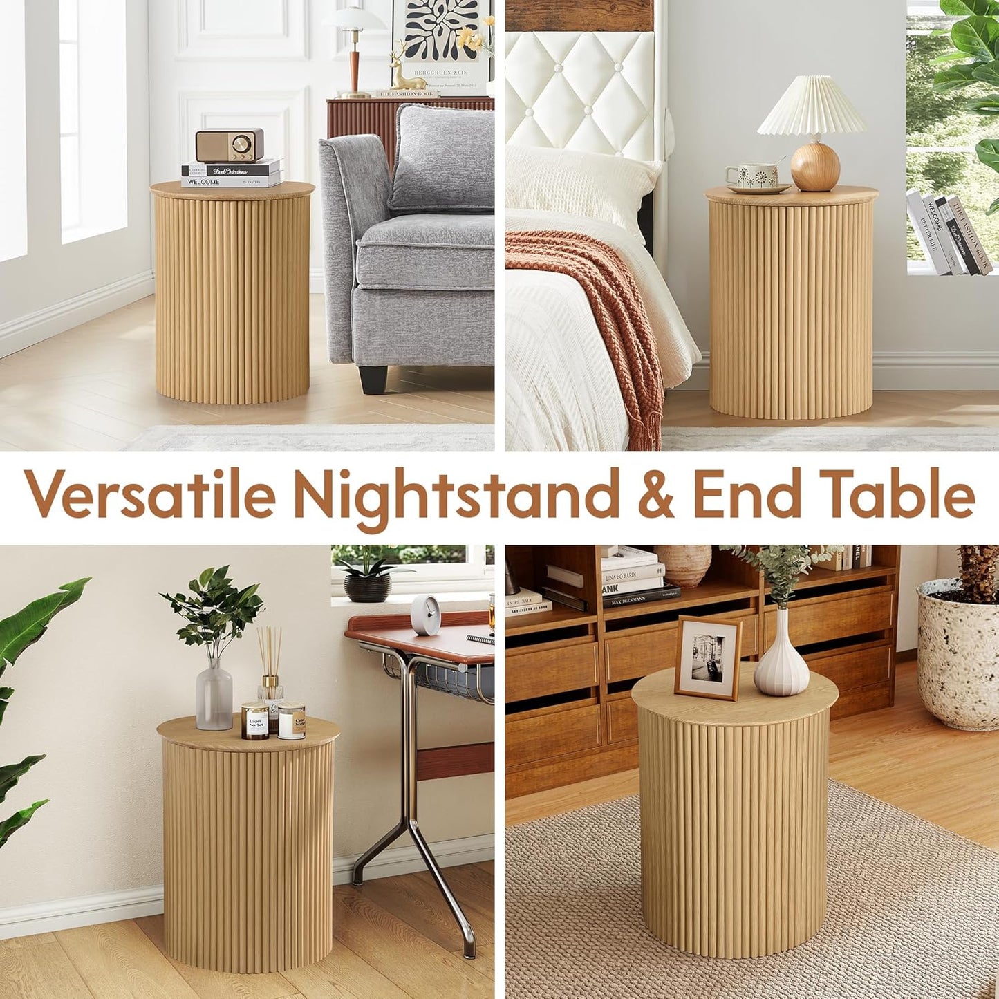 AVZEAR Small Round Side Table Fluted Night Stand Set of 2, Modern Boho End Table with Storage