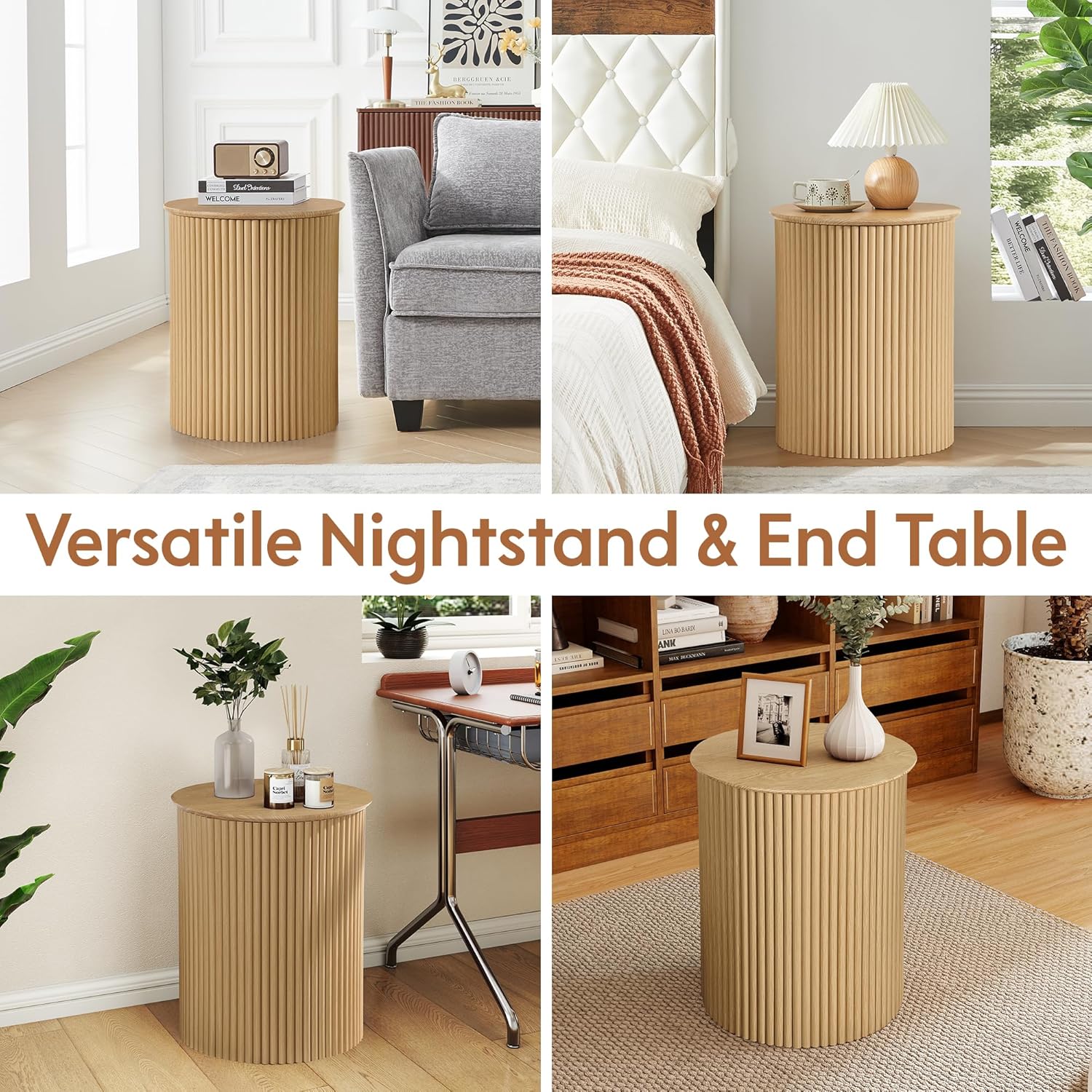 AVZEAR Small Round Side Table Fluted Night Stand Set of 2, Modern Boho End Table with Storage