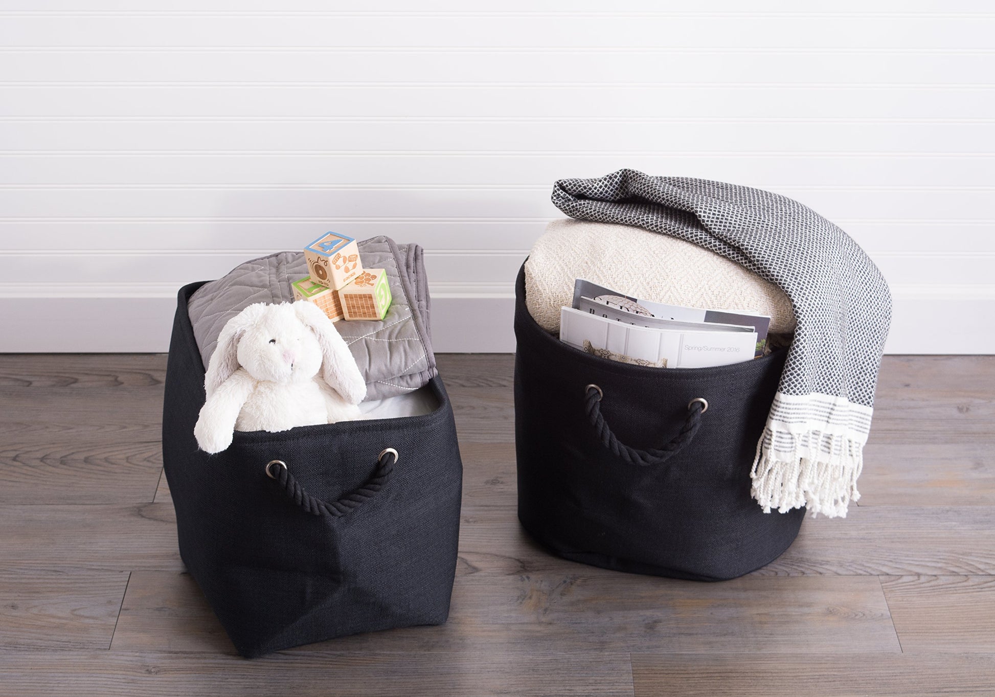 DII, Collapsible Variegated Polyester Storage Bin with Cotton Handles Small Black