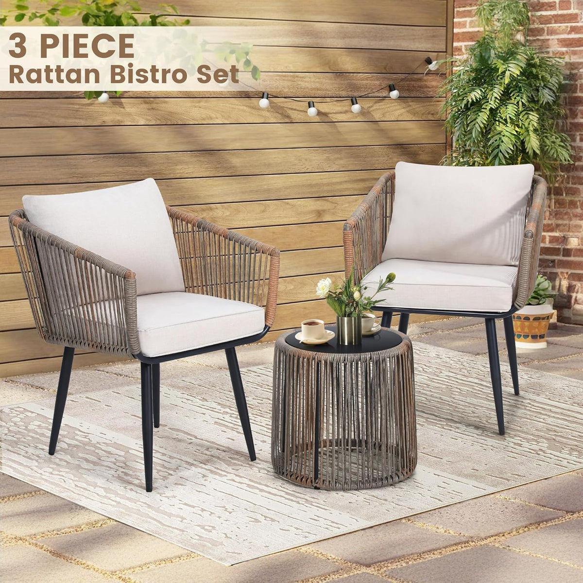 Kromax 3 Pieces Patio Rattan Bistro Conversation Set, Outdoor All-Weather Wicker Furniture Chairs