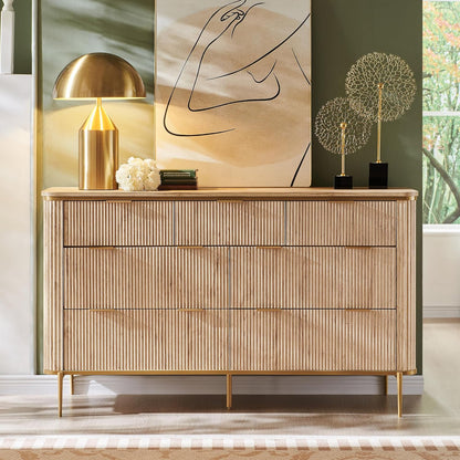 T4TREAM Fluted 7 Drawers Dresser for Bedroom, 54" Wide Modern Dresser TV Stand, Gold Accents