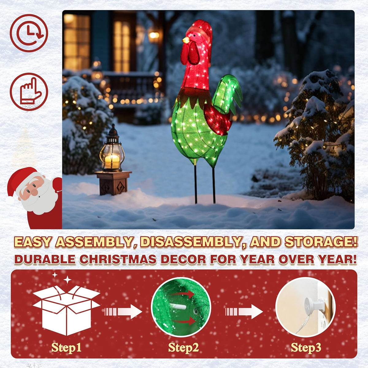 6FT Lighted Rooster with Christmas Hat for Outdoor Christmas Decorations, 3D Pre-Lit Iridescent