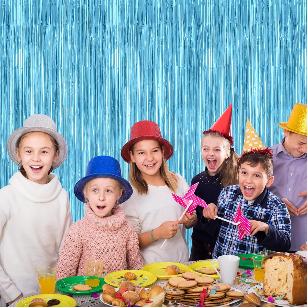 4 Pack Party Decorations, 3.28 FT x 7.05 FT Blue Foil Streamers, Metallic Sky Blue Backdrop Fringe
