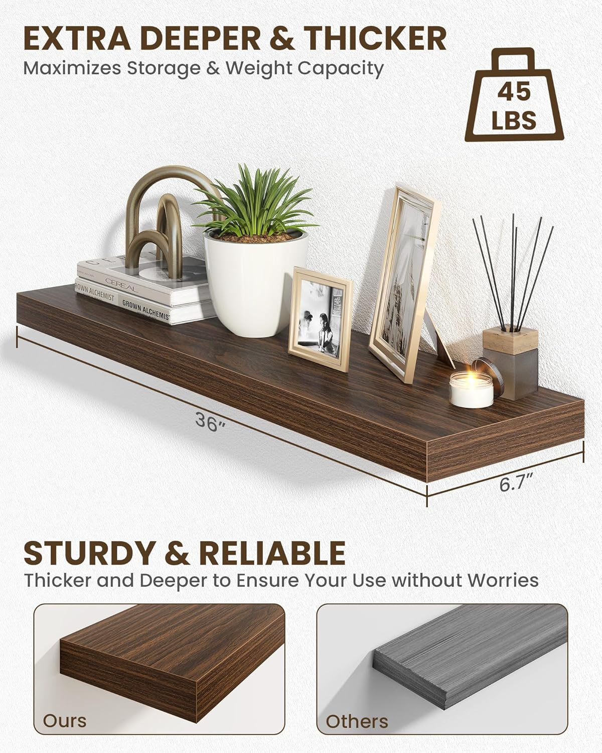 Marsmiles 36" Floating Shelves for Wall, Wooden Shelves with Invisible Brackets Set of 2, Rustic