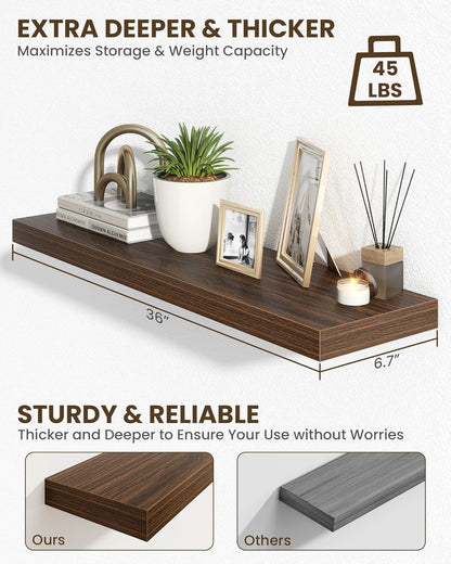 Marsmiles 36" Floating Shelves for Wall, Wooden Shelves with Invisible Brackets Set of 2, Rustic